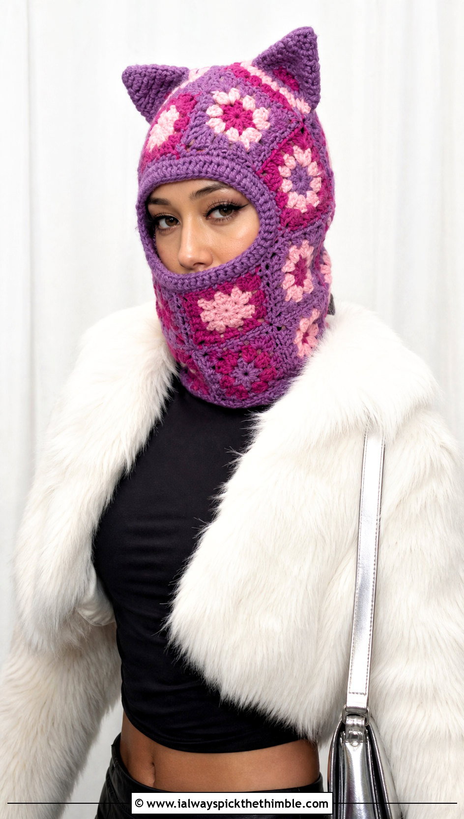 Cat Ear Granny Square Balaclava With Faux Fur Coat - 20 crochet granny square balaclava outfit ideas