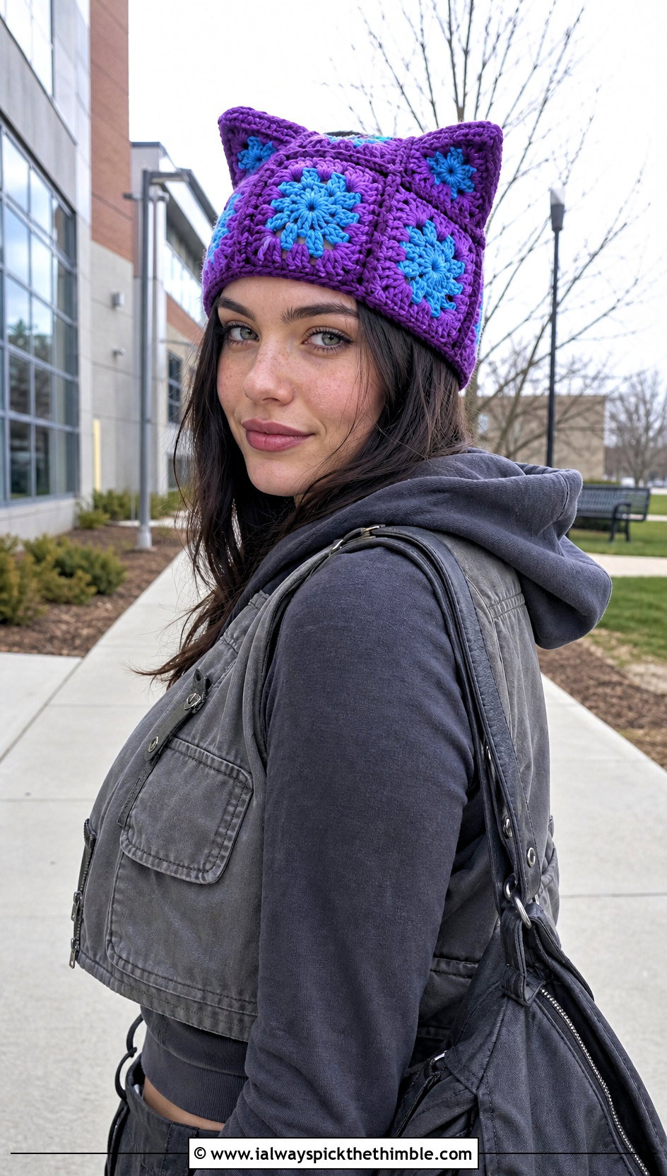 Cat Ear Granny Square Beanie With Hoodie And Cargo Skirt - 25 crochet granny square beanie outfit ideas