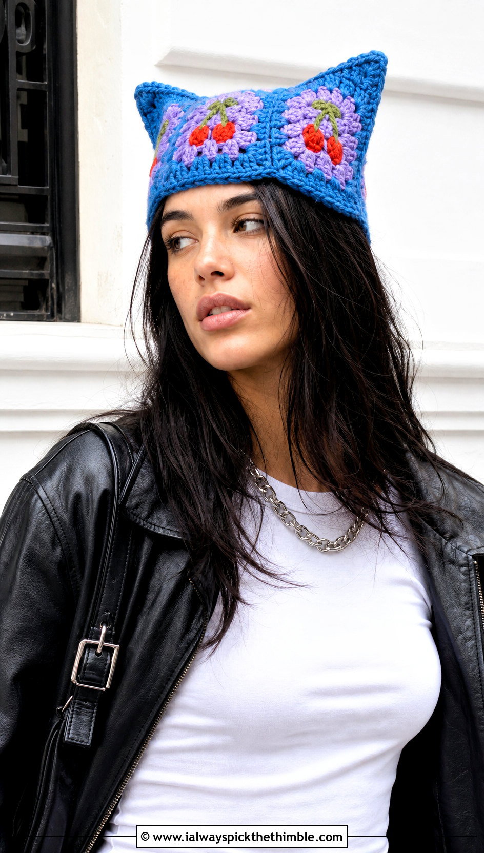 Cat Ear Granny Square Beanie With Leather Jacket - 25 granny square hat outfit ideas