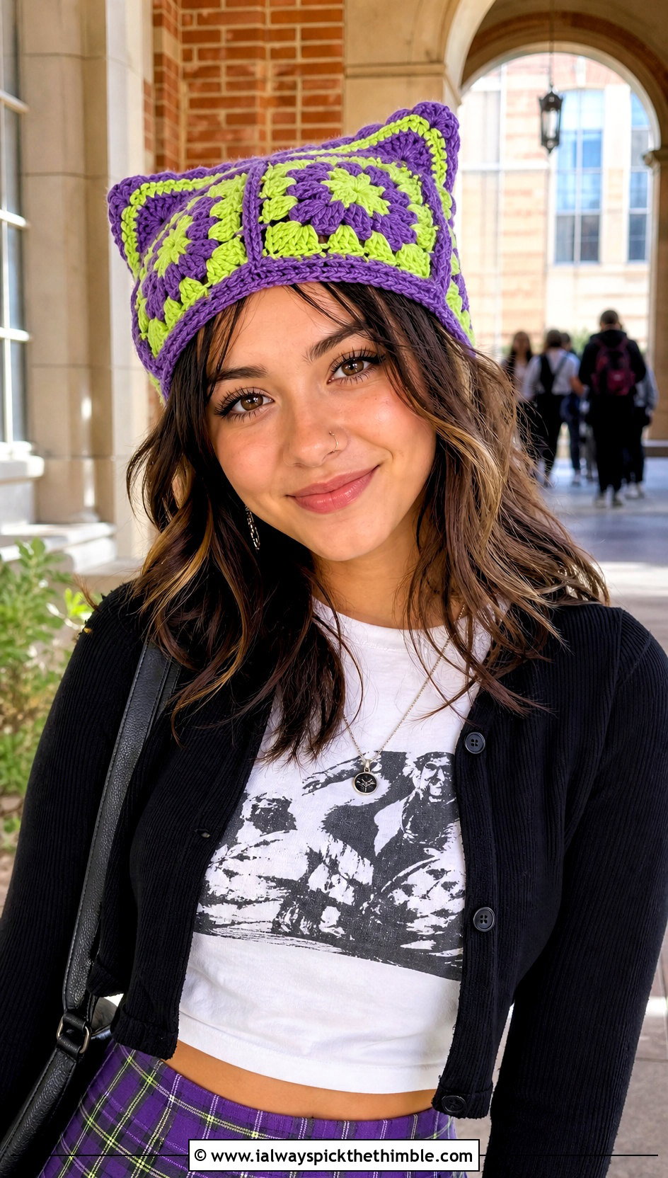 Cat Ear Granny Square Beanie With Plaid Skirt - 20 granny square beanie outfit ideas