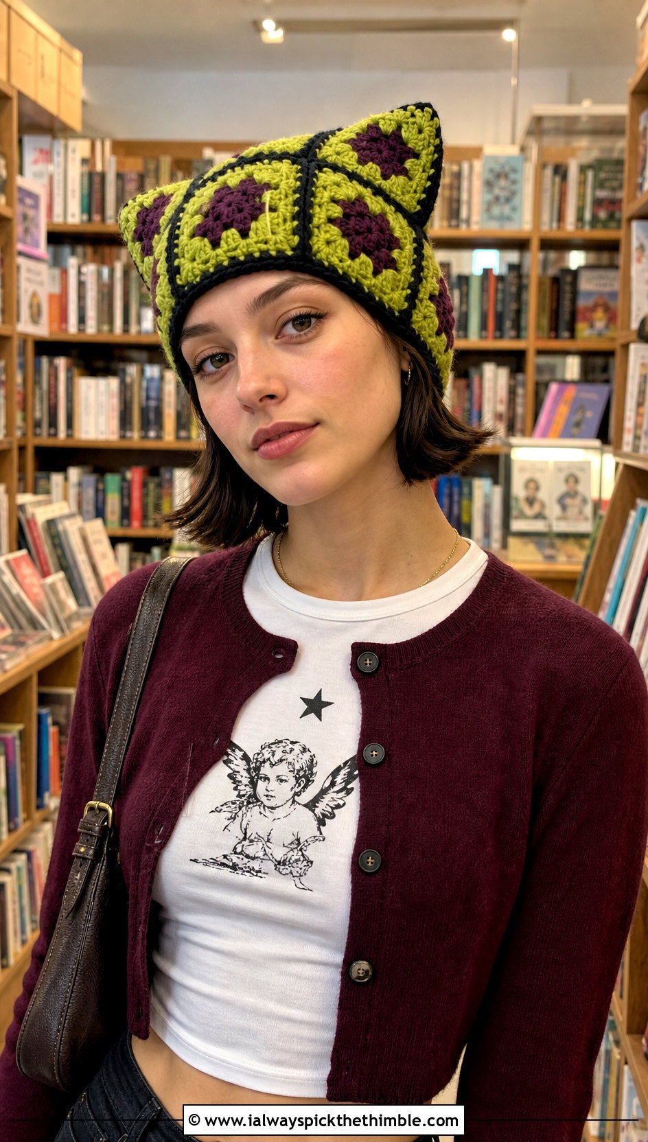 Cat Ear Granny Square Crochet Beanie With Plaid Skirt - 20 granny square crochet beanie outfit ideas