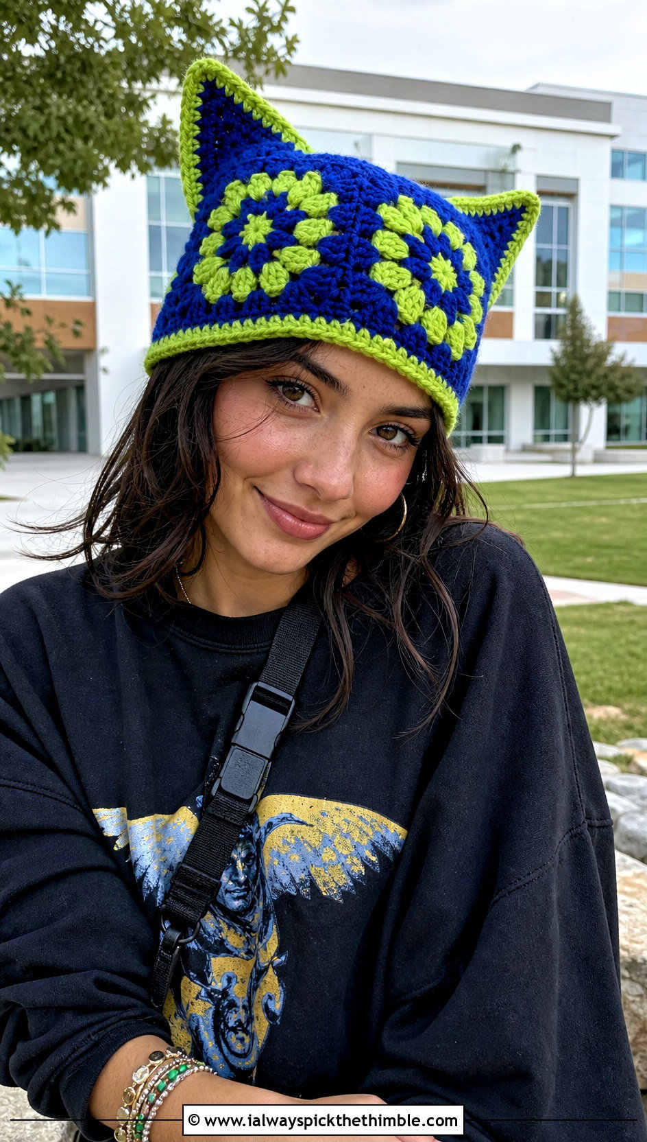 Cat Ear Granny Square Hat With Graphic Sweatshirt - 20 granny stitch crochet hat outfit ideas