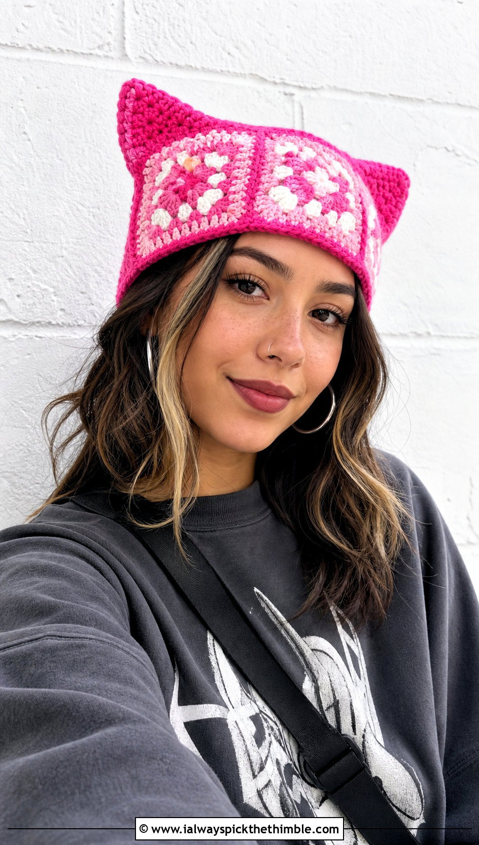 Cat Ear Granny Square Hat With Graphic Sweatshirt - 20 Granny Crochet Hat outfit ideas