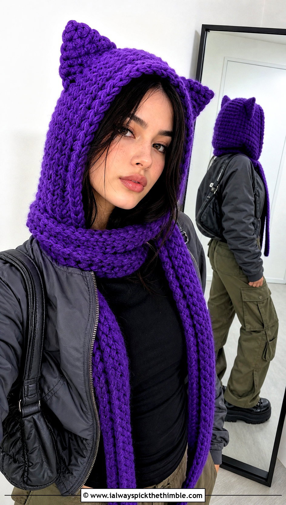 Cat Ear Hooded Scarf With Cargo Pants And Bomber Jacket - 20 crochet scarf hood outfit ideas