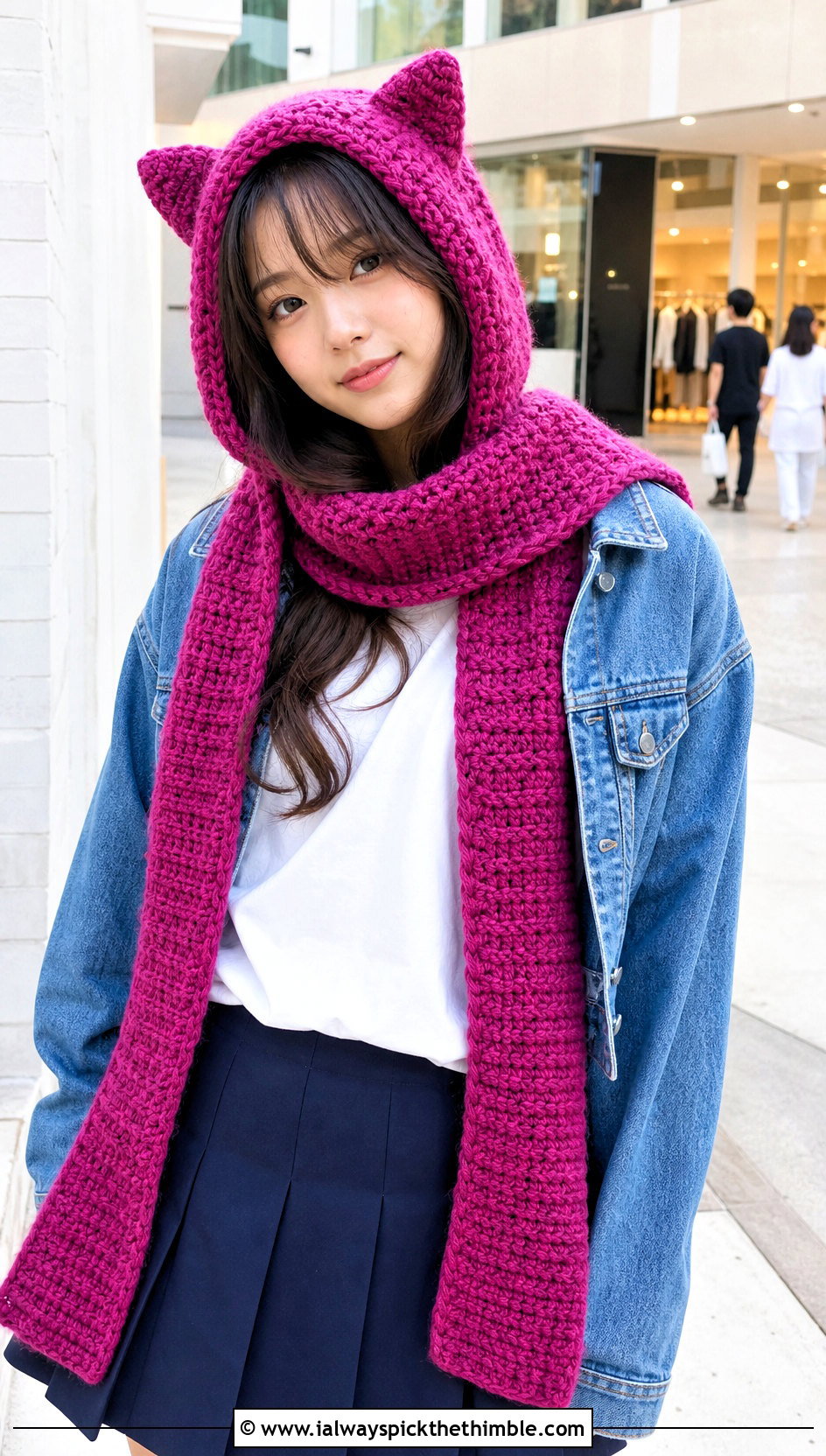 Cat Ear Hooded Scarf With Oversized Tee And Pleated Skirt - 25 crochet hooded scarf outfit ideas