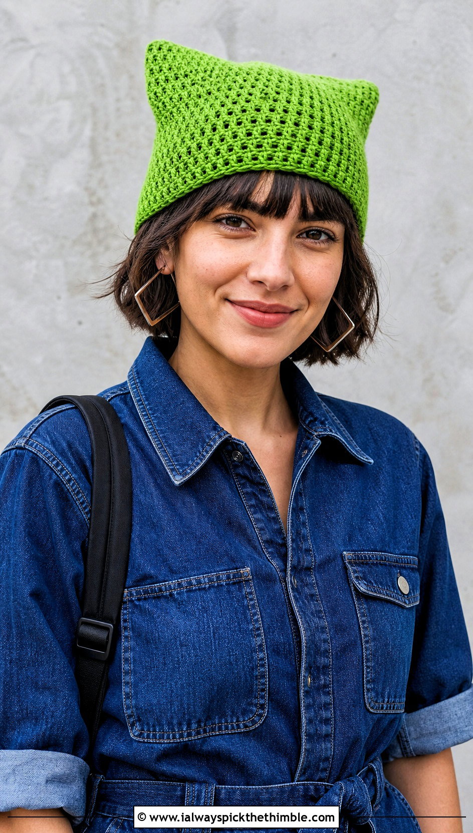 Cat Ear Lightweight Crochet Beanie With Utility Jumpsuit - 15 Crochet Lightweight Beanie outfit ideas