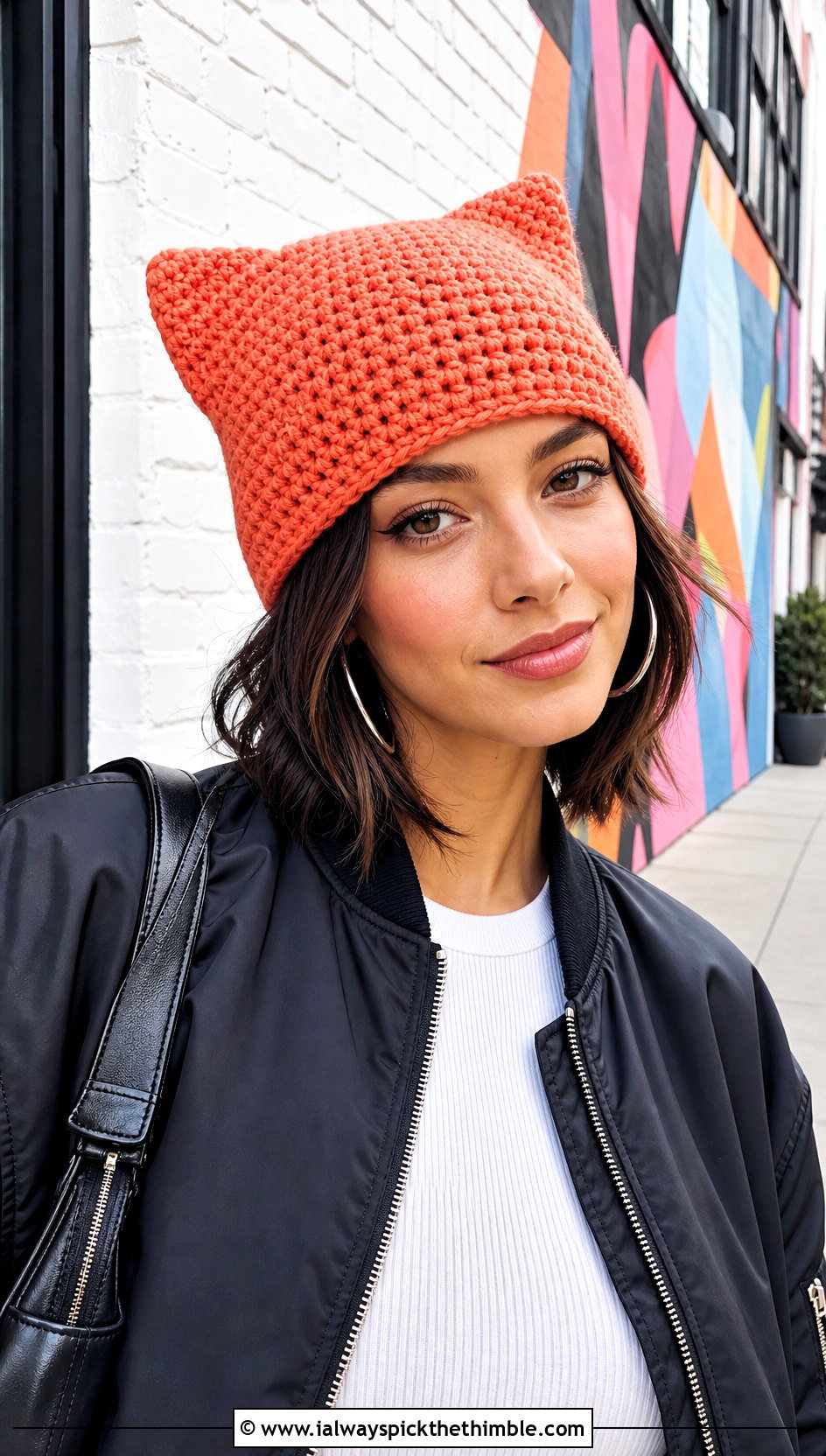 Cat Ear Moss Stitch Beanie With Bomber Jacket - 20 Crochet Moss Stitch Beanie outfit ideas