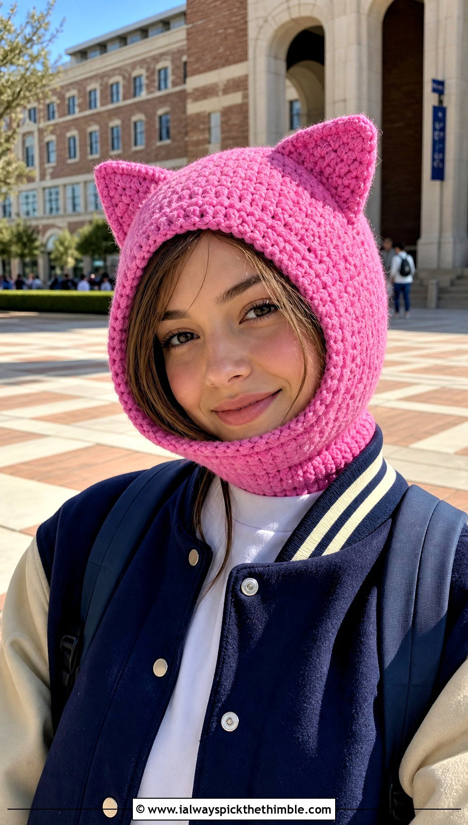 Cat Ear Pink Crochet Balaclava With Varsity Jacket - 20 Pink Crochet Balaclava outfit ideas
