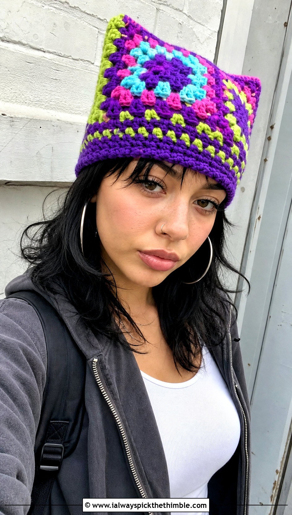 Cat Ear Scrap Crochet Beanie With Hoodie And Parachute Pants - 25 crochet scrap beanie outfit ideas
