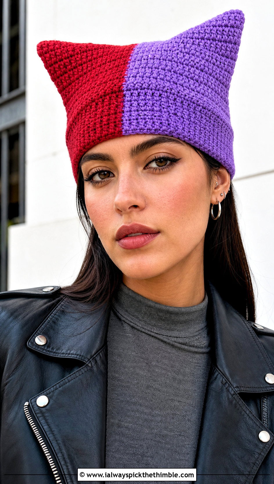 Cat Ear Split Color Crochet Beanie With Leather Jacket - 15 Split Color Crochet Beanie outfit ideas