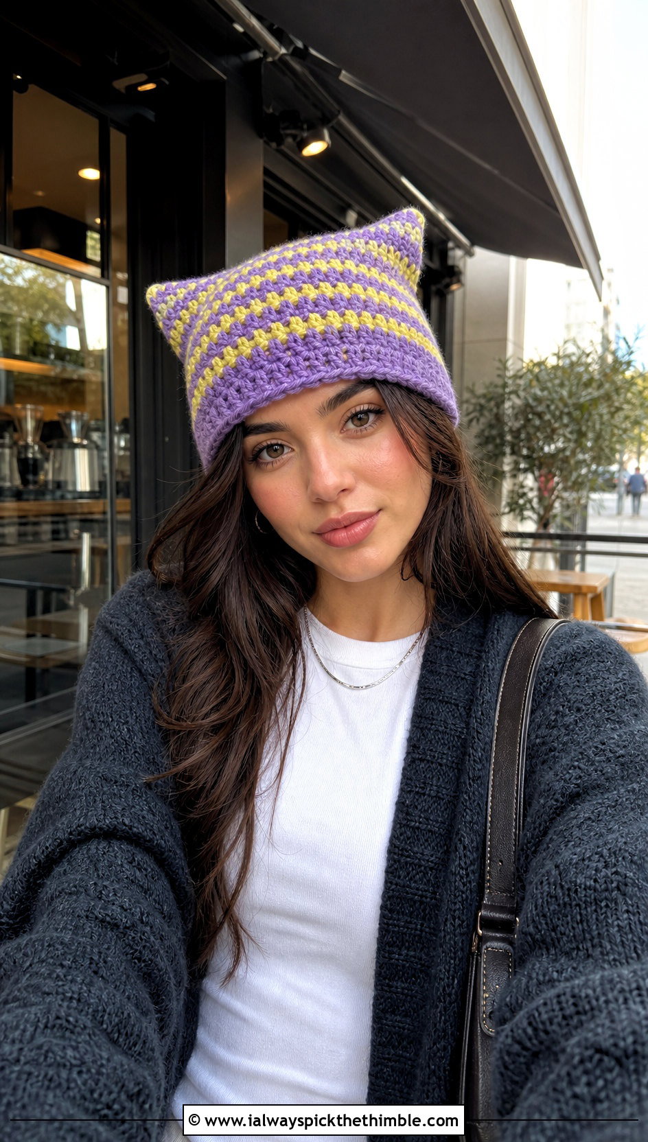 Cat Ear Striped Crochet Beanie With Mini Skirt And Boots - 15 Crochet Striped Beanies outfit ideas