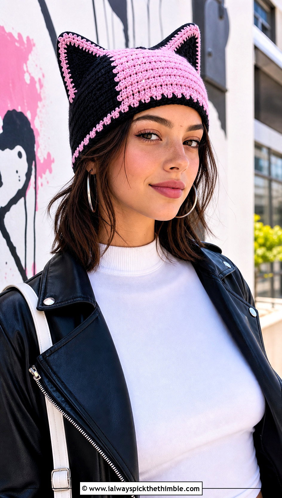 Cat Ear Two Color Crochet Beanie With Moto Jacket - 20 two color crochet beanie outfit ideas