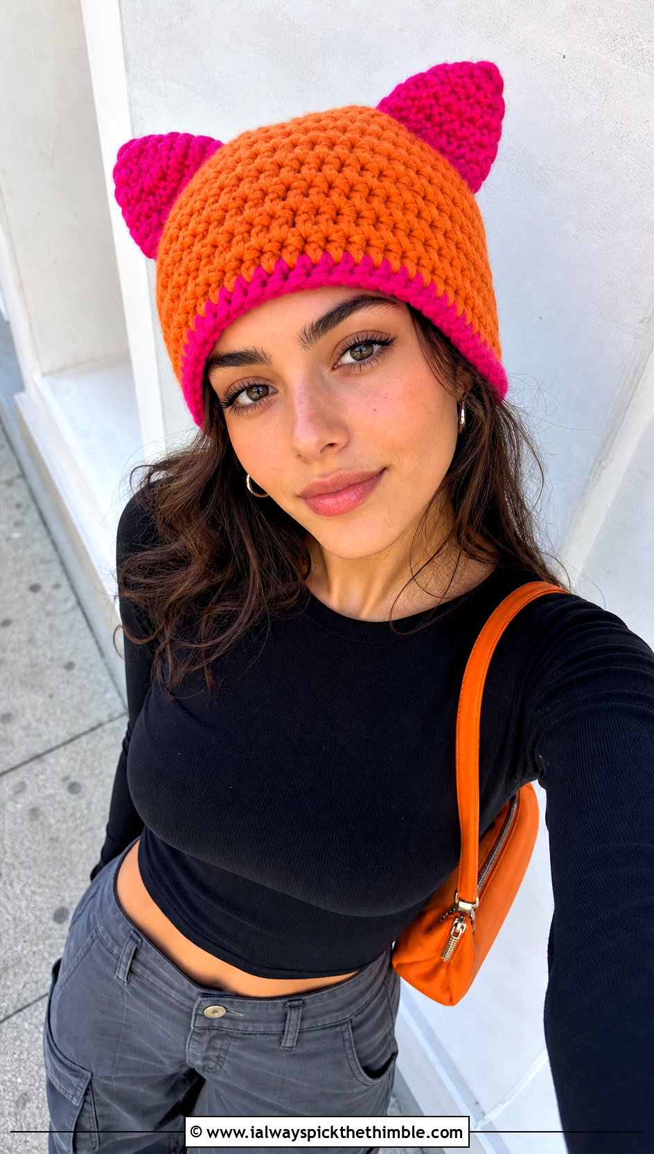 Cat Ear Two Tone Crochet Beanie With Cargo Pants - 15 two tone crochet beanie outfit ideas