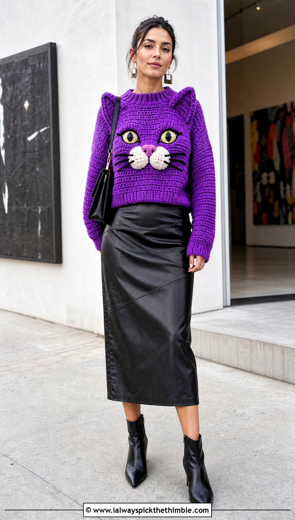 Cat Face Amigurumi Sweater With Leather Midi Skirt - 20 amigurumi sweater outfit ideas