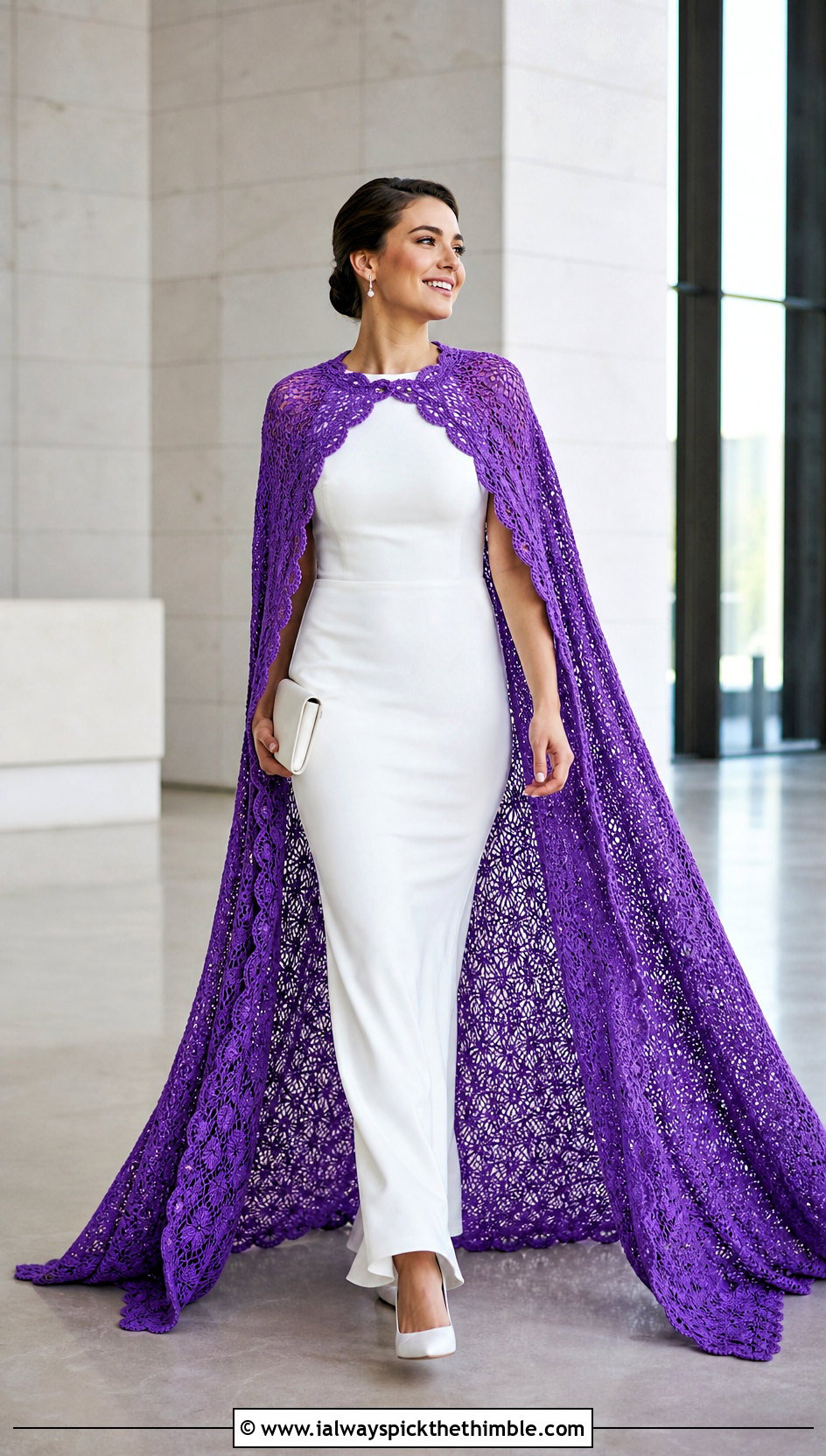 Cathedral Length Crochet Cape With Minimalist Sheath Dress - 20 Crochet Wedding Cape outfit ideas