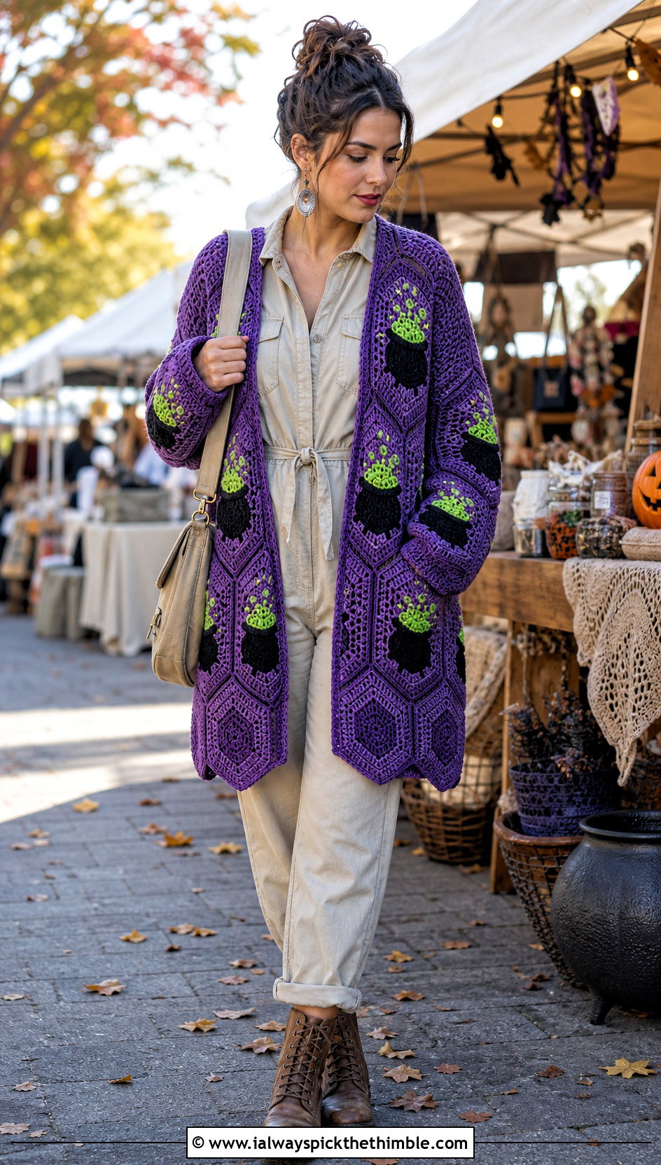 Cauldron Hexagon Crochet Halloween Sweater With Utility Jumpsuit - 25 Crochet Halloween Sweater outfit ideas