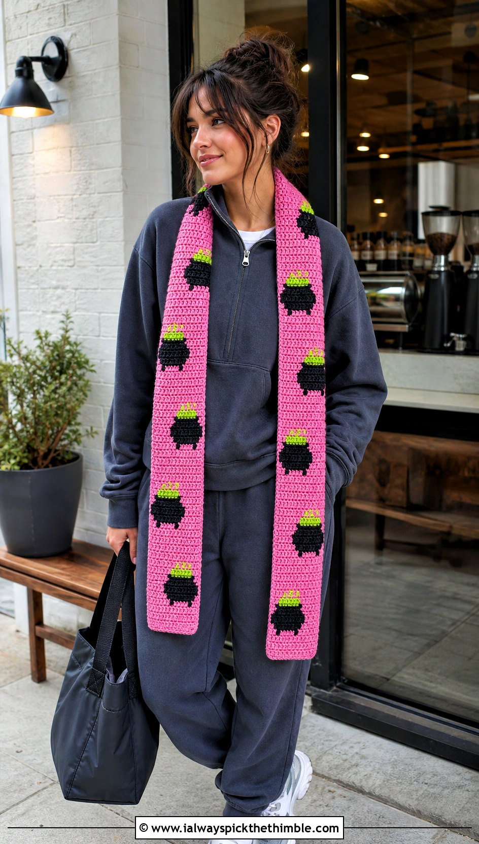 Cauldron Motif Long Halloween Scarf With Athleisure Set - 20 crochet halloween scarf outfit ideas