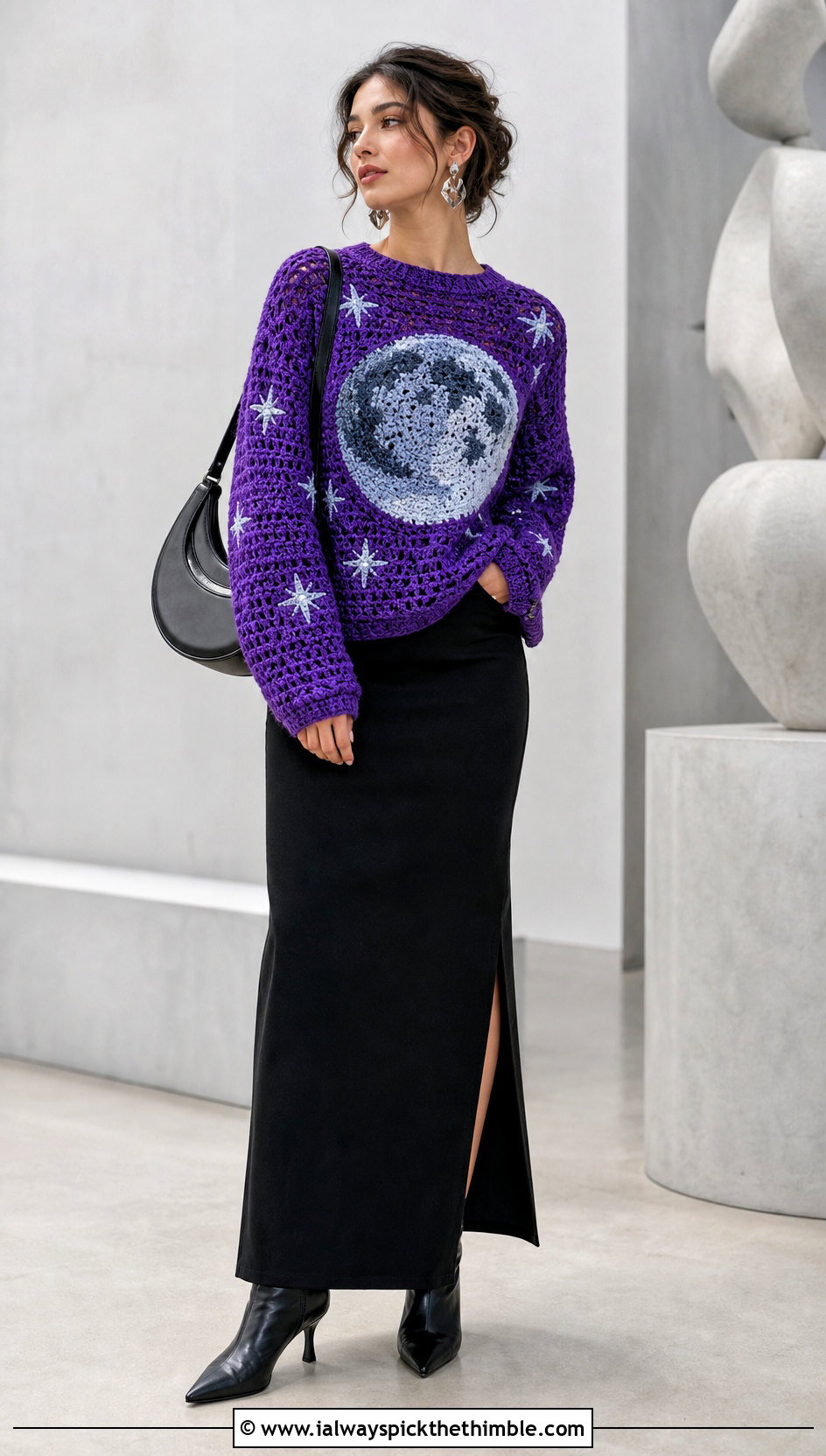 Celestial Crochet Graph Sweater With Black Maxi Skirt - 20 crochet graph sweater outfit ideas