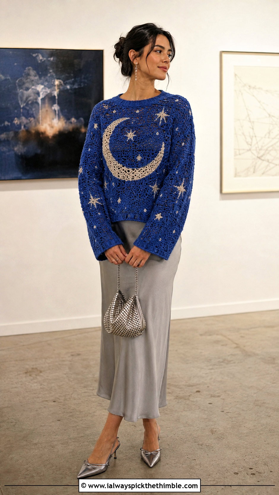 Celestial Crochet Graphic Sweater With Satin Slip Skirt - 20 crochet graphic sweater outfit ideas
