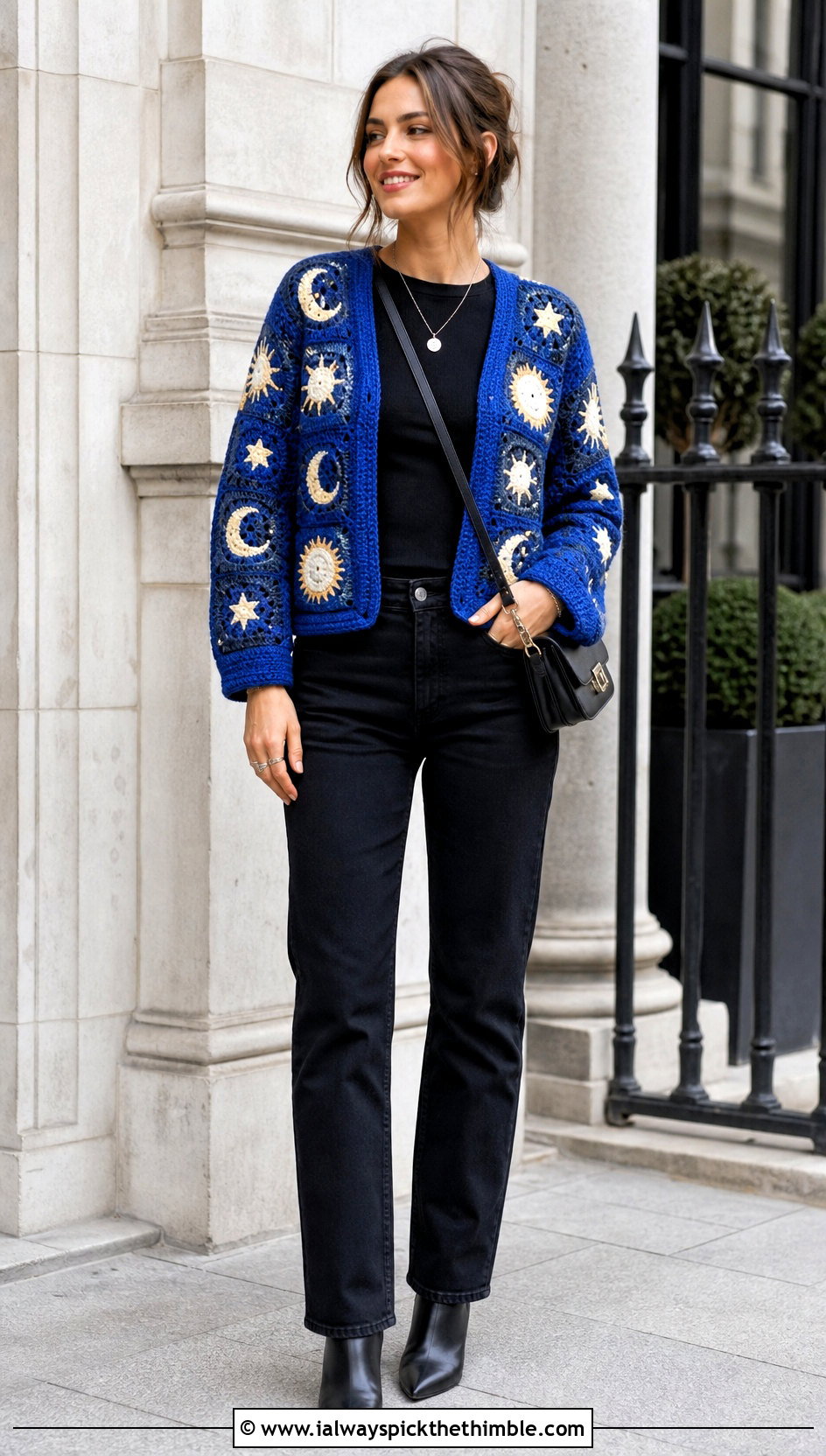 Celestial Granny Square Crochet Cardigan With Black Jeans - 20 witchy crochet cardigan outfit ideas