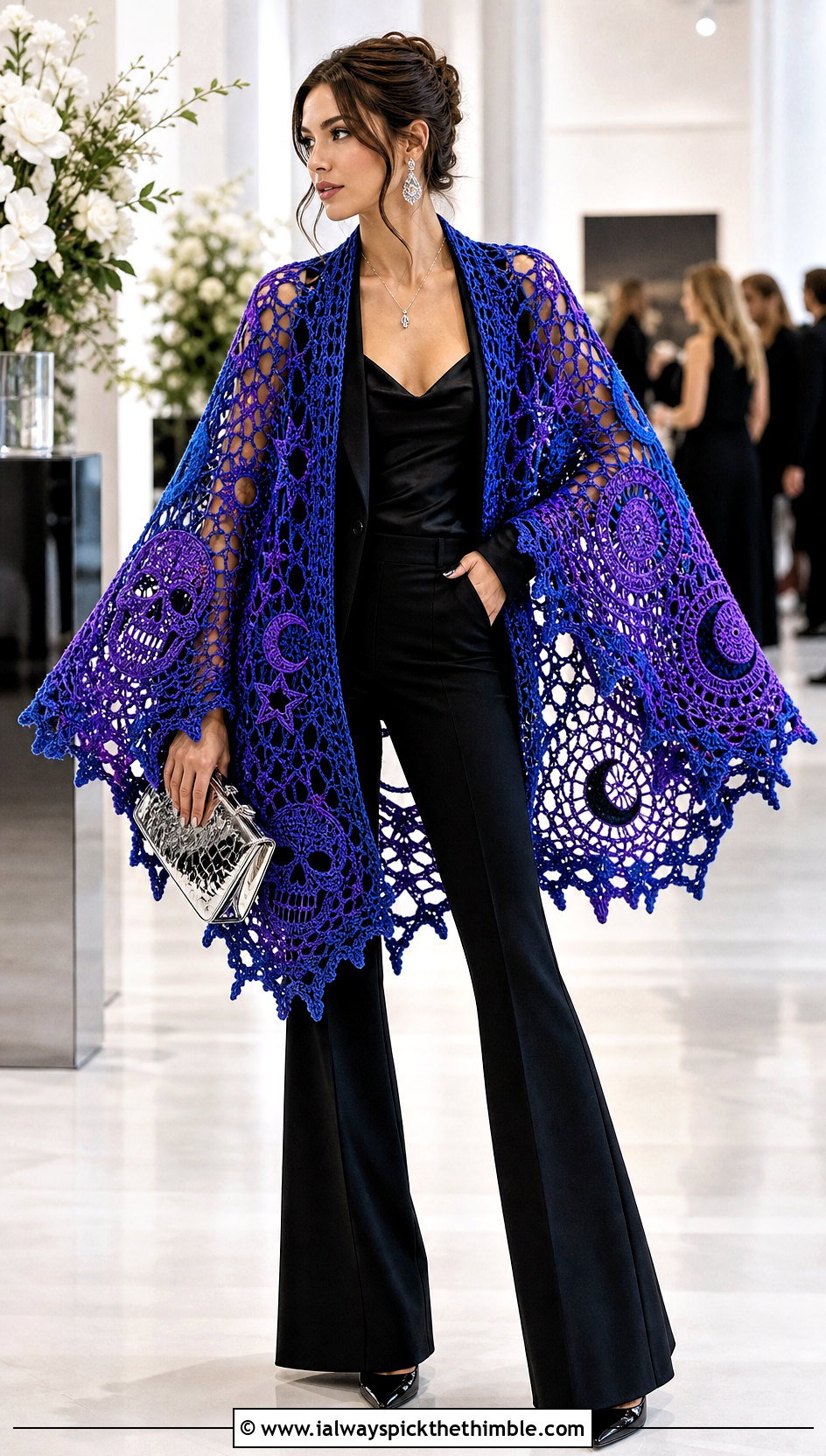 Celestial Skull Circular Shawl With Evening Suit - 20 Crochet Halloween Shawl outfit ideas