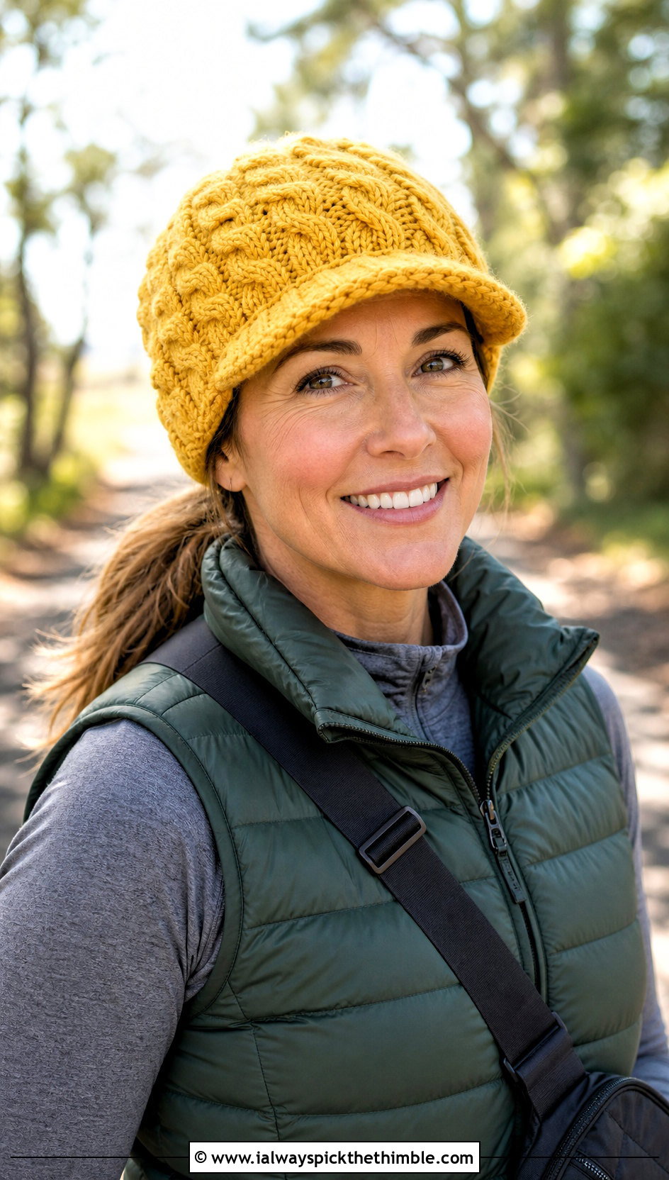 Celtic Cable Brimmed Beanie With Puffer Vest And Leggings - 15 celtic crochet hat outfit ideas