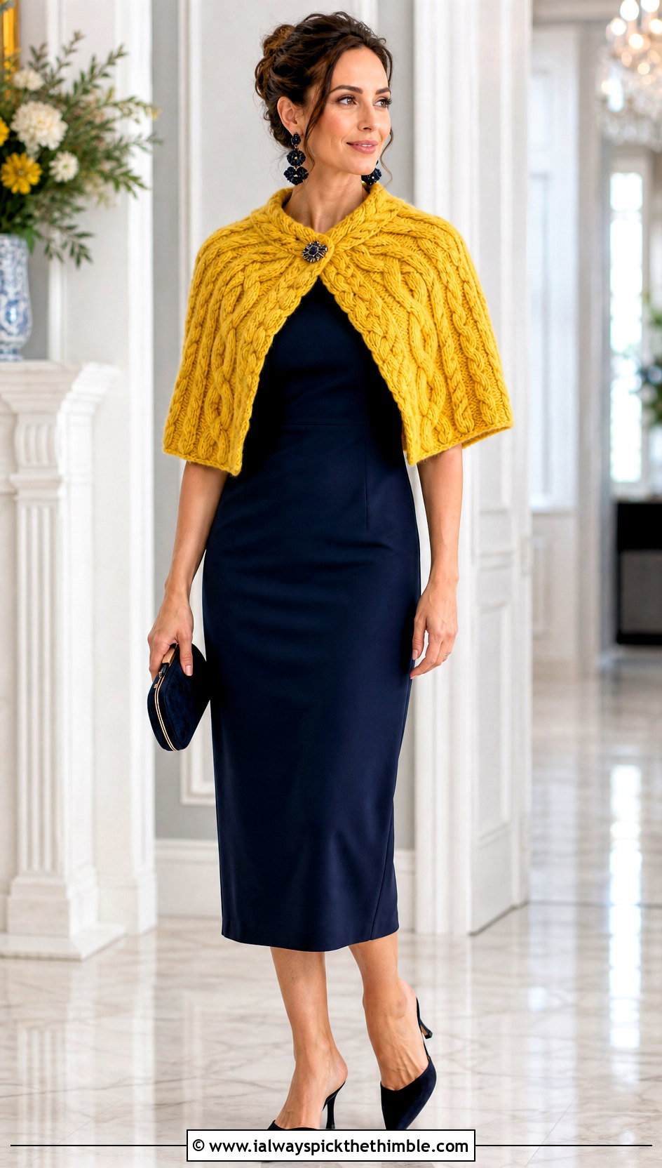 Celtic Cable Capelet Shawl With Column Dress - 20 Celtic Crochet Shawl outfit ideas