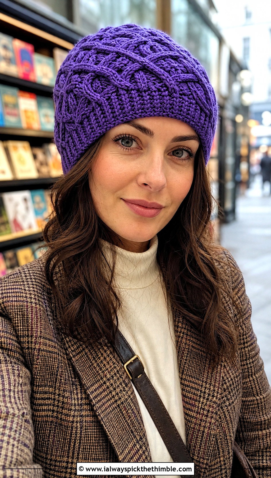 Celtic Cable Crochet Beanie With Plaid Blazer - 25 crochet cable hat outfit ideas