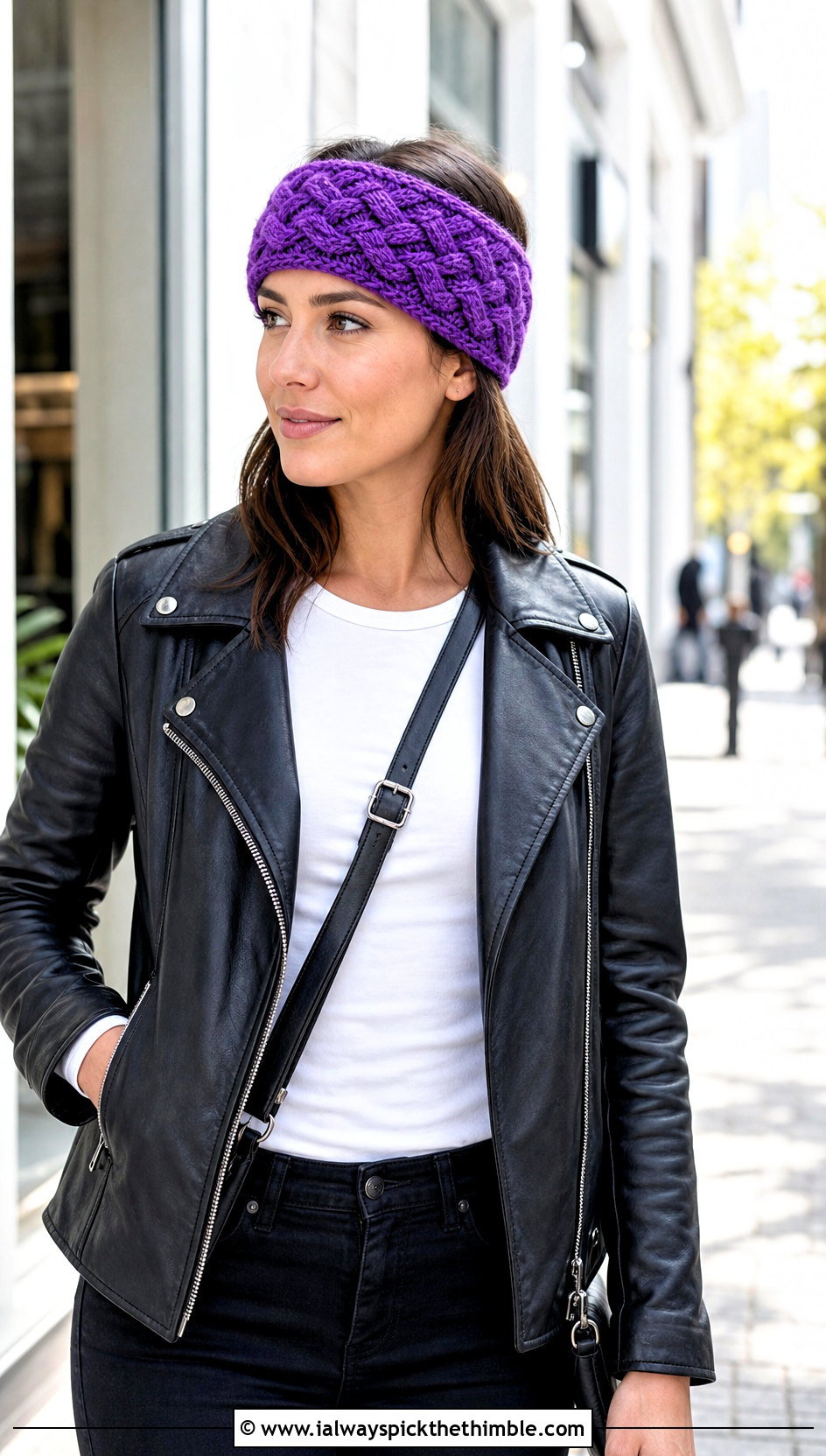 Celtic Cable Earwarmer With Leather Jacket and Black Jeans - 15 easy crochet cable headband earwarmer outfit ideas