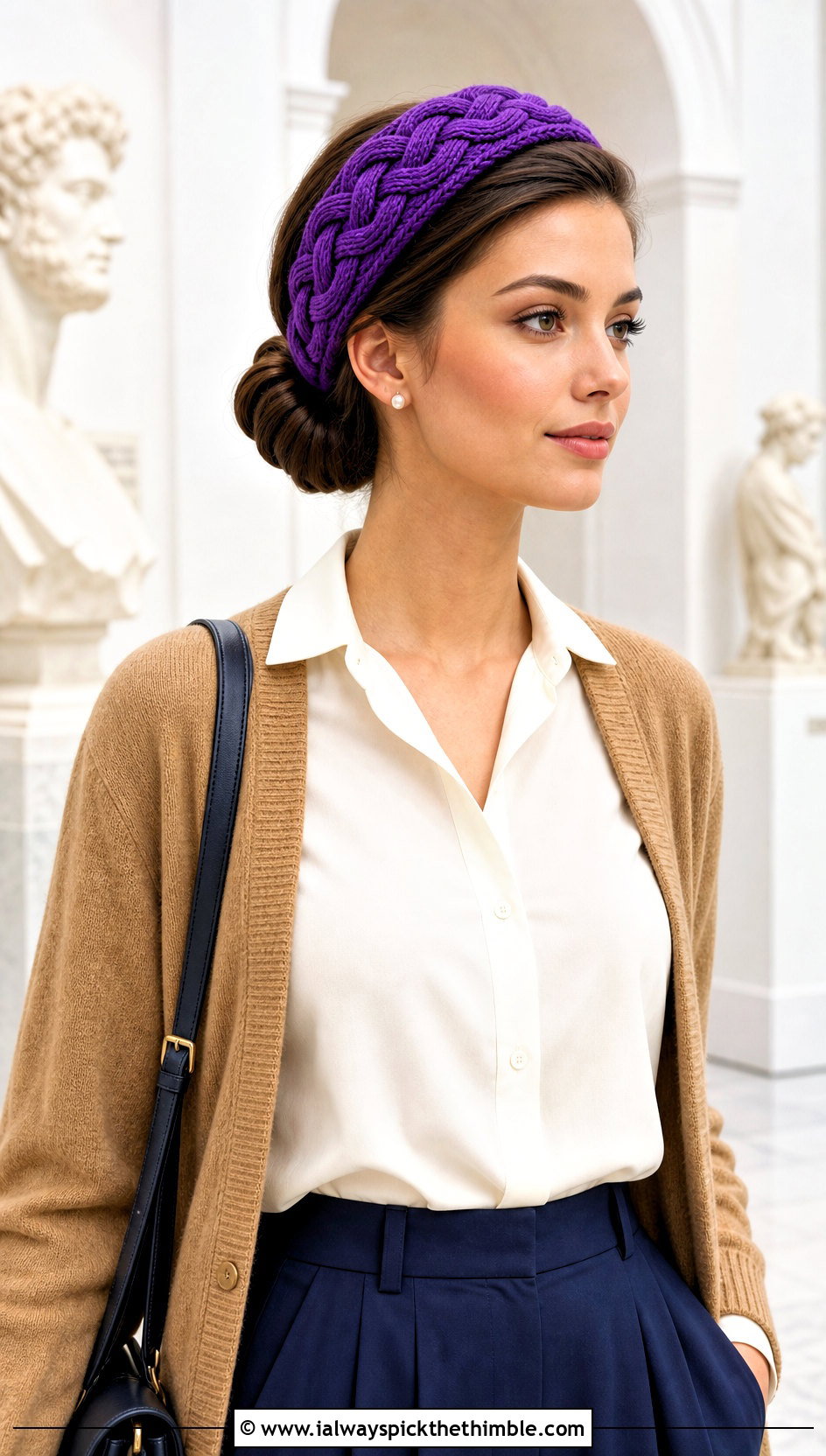 Celtic Crochet Cable Headband With Cardigan And Pleated Pants - 20 crochet cable headband outfit ideas