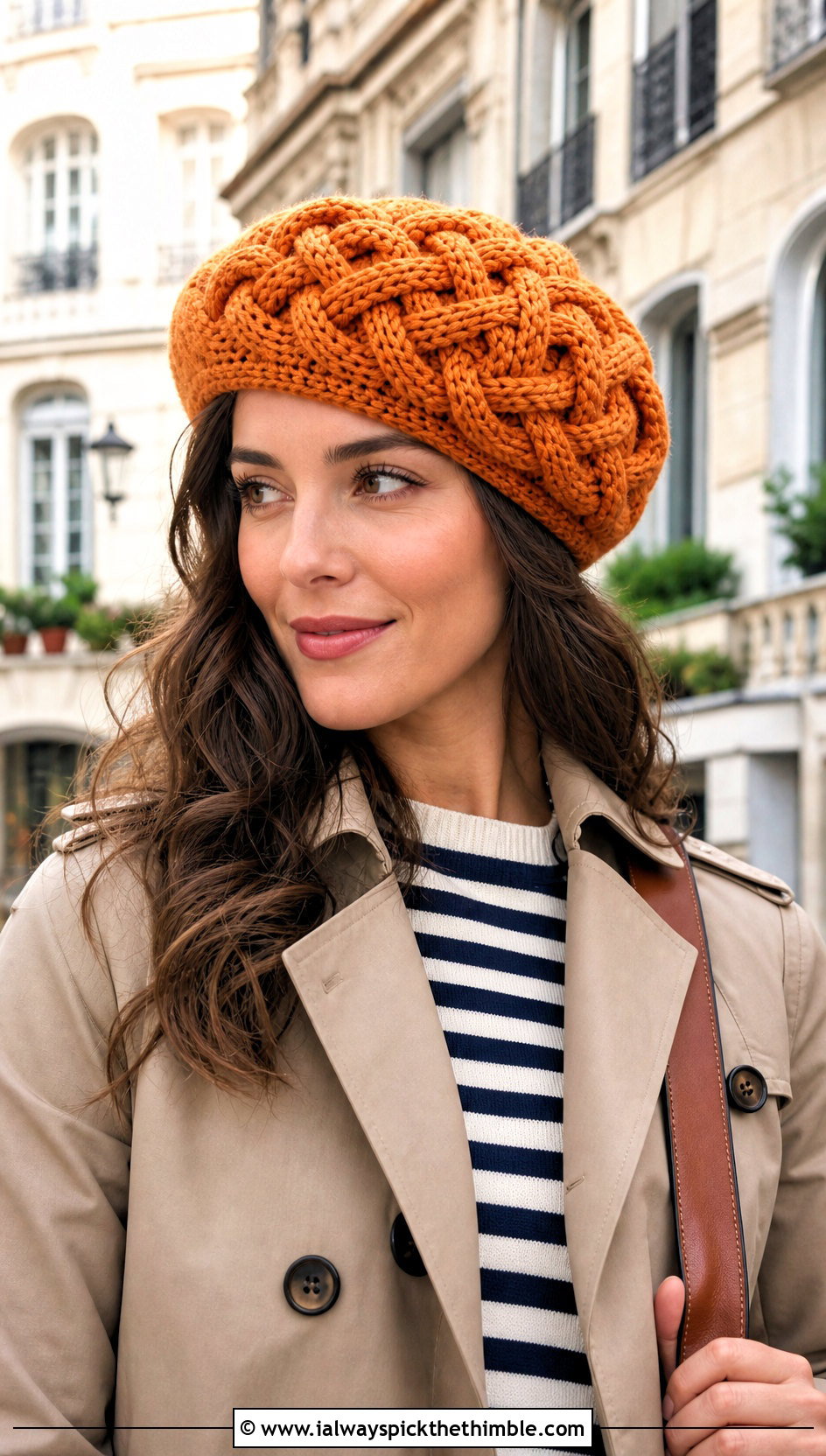 Celtic Knot Beret With Trench Coat And Wide Leg Jeans - 15 celtic crochet hat outfit ideas