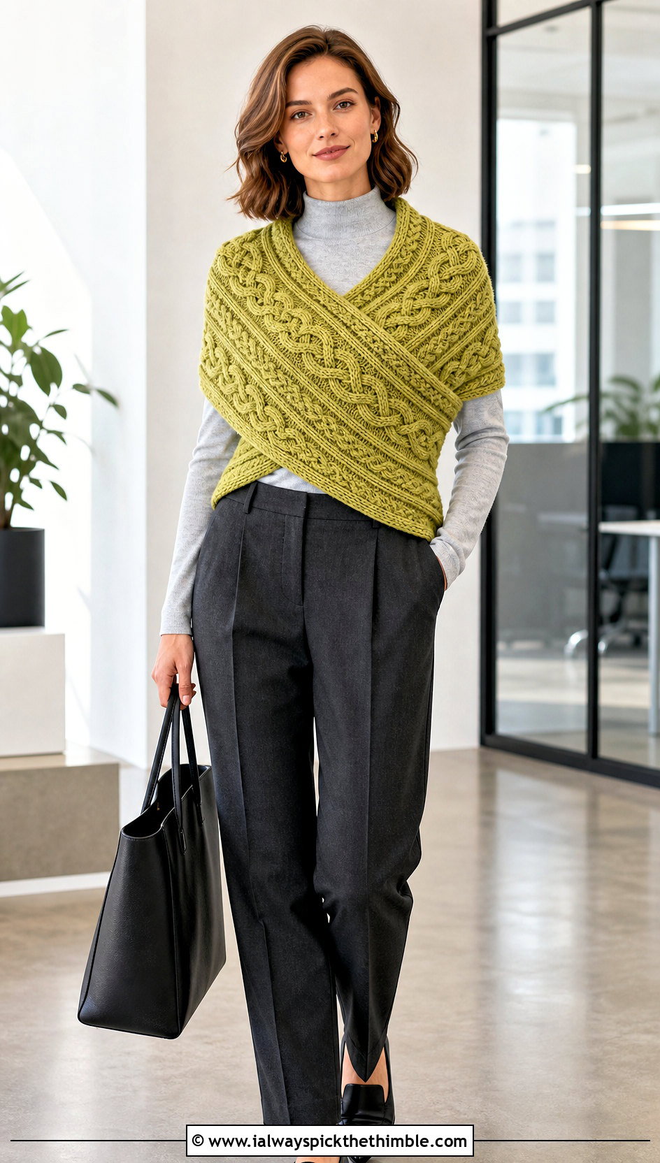 Celtic Knot Cable Shawl With Tailored Trousers - 20 Celtic Crochet Shawl outfit ideas