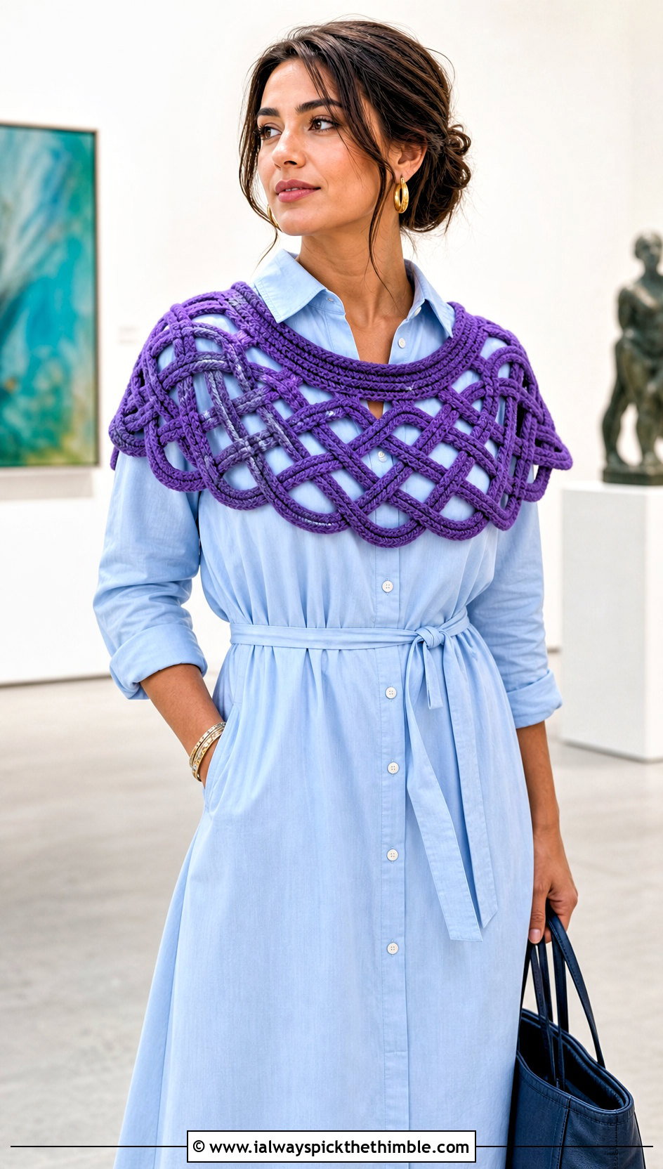 Celtic Lattice Crescent Shawl With Shirt Dress - 20 Celtic Crochet Shawl outfit ideas