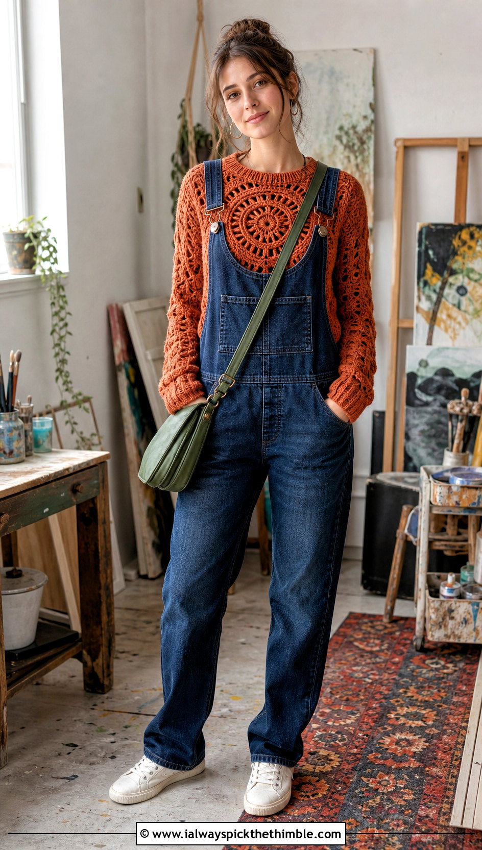 Celtic Medallion Sweater With Denim Overalls - 15 Crochet Celtic Sweater outfit ideas