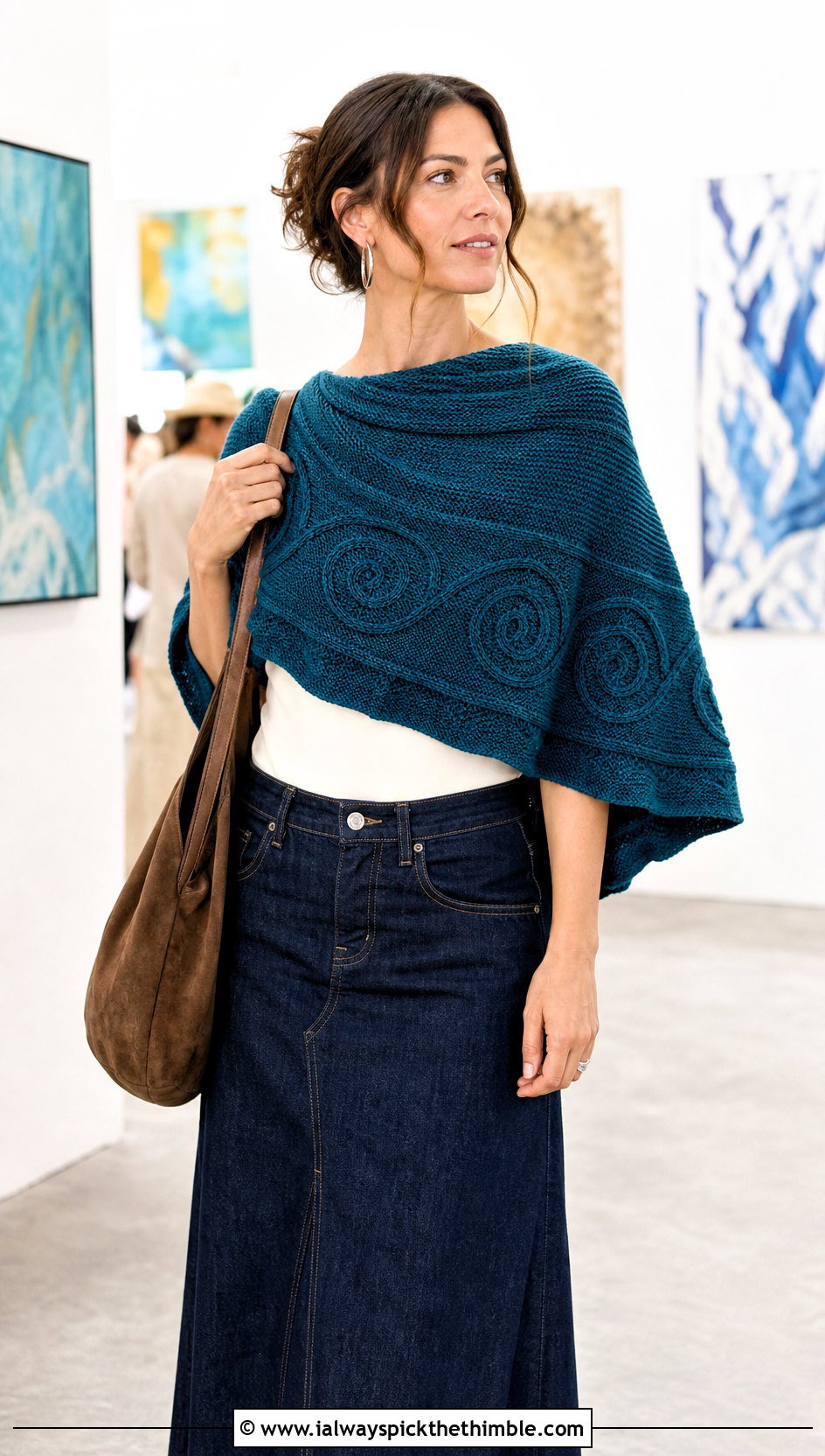 Celtic Spiral Semicircle Shawl With Denim Maxi Skirt - 20 Celtic Crochet Shawl outfit ideas