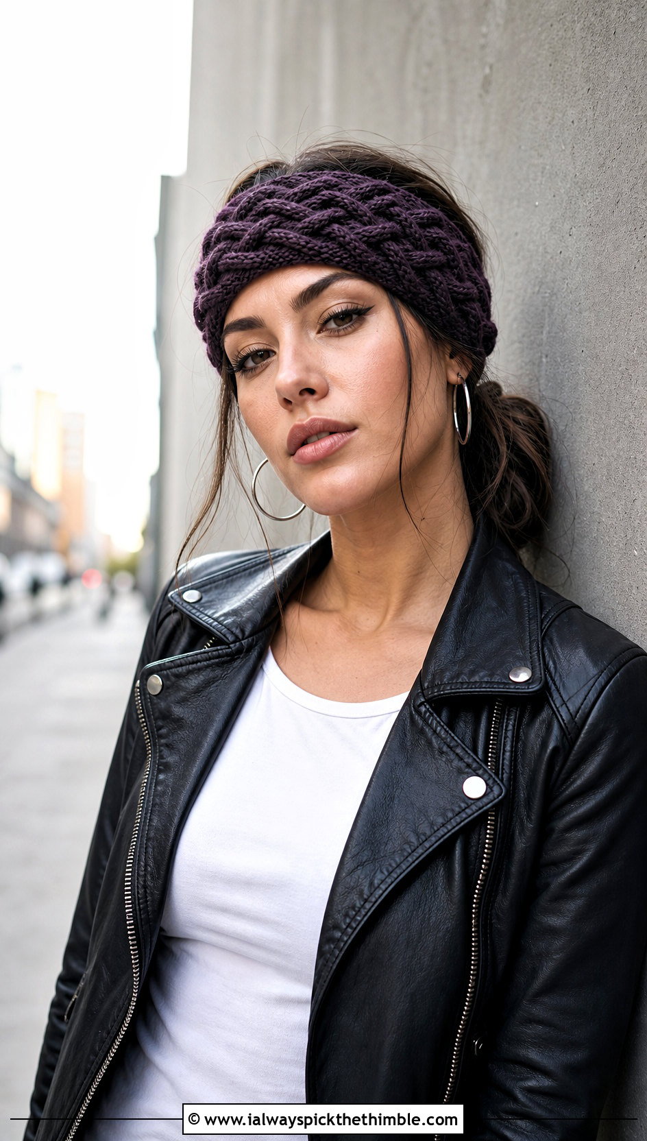 Celtic Weave Cable Crochet Headband With Leather Jacket - 15 cable crochet headband outfit ideas