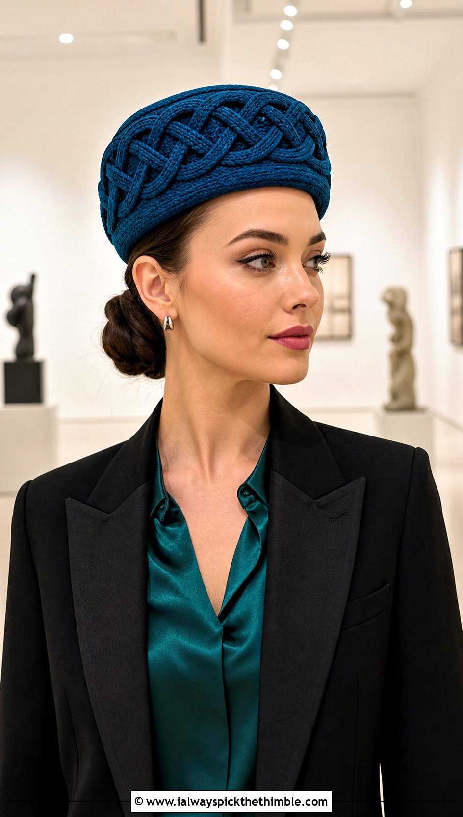 Celtic Weave Pillbox Hat With Satin Blouse And Matching Suit - 15 celtic crochet hat outfit ideas