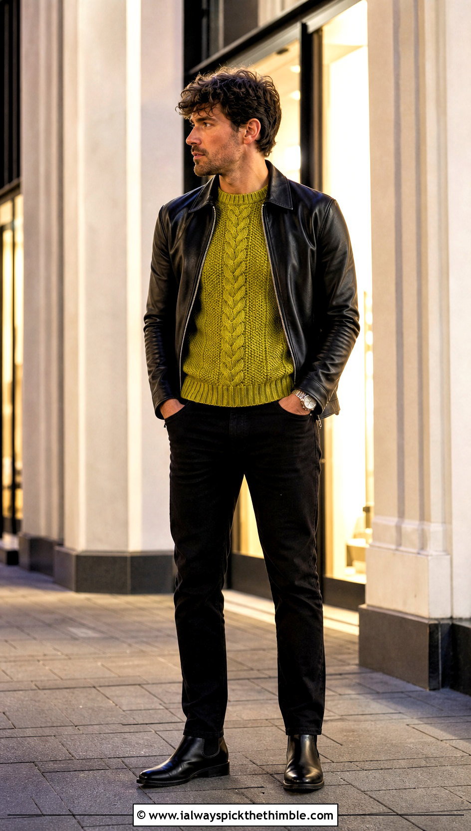 Center Cable Crochet Pullover With Leather Jacket - 15 Mens Cable Crochet Sweater outfit ideas