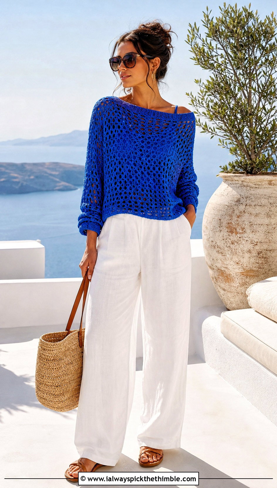 Cerulean Boat Neck Crochet Sweater With Linen Pants - 25 blue crochet sweater outfit ideas