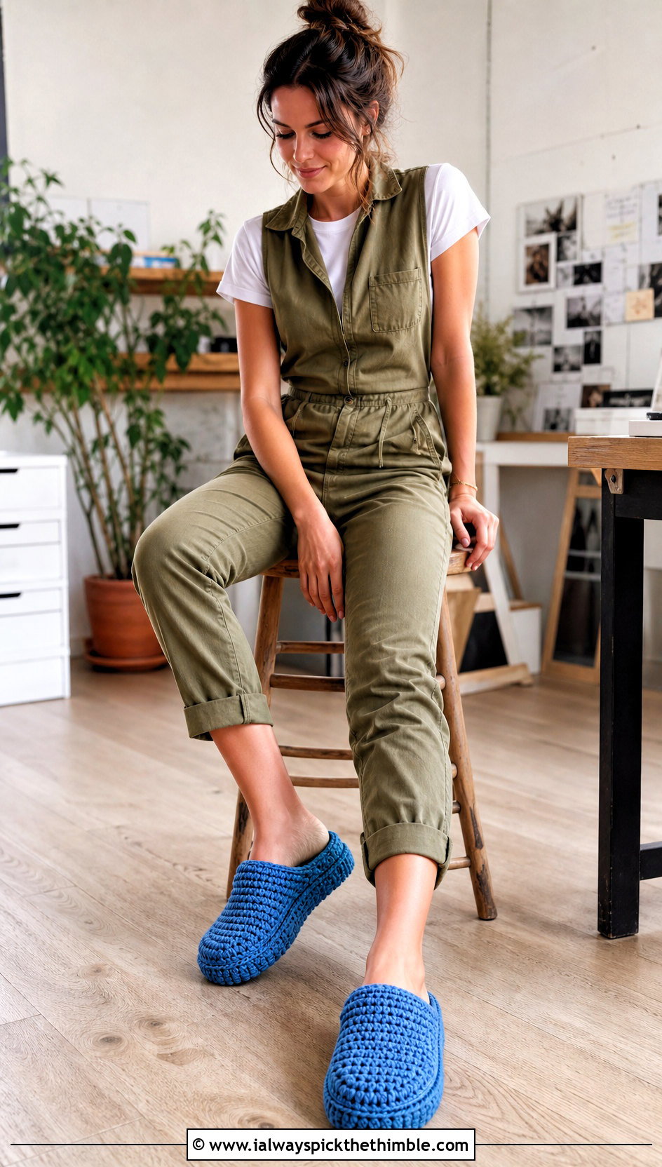 Cerulean Crochet Clog Slippers With A Utility Jumpsuit - 15 blue crocheted slippers on wooden floor outfit ideas