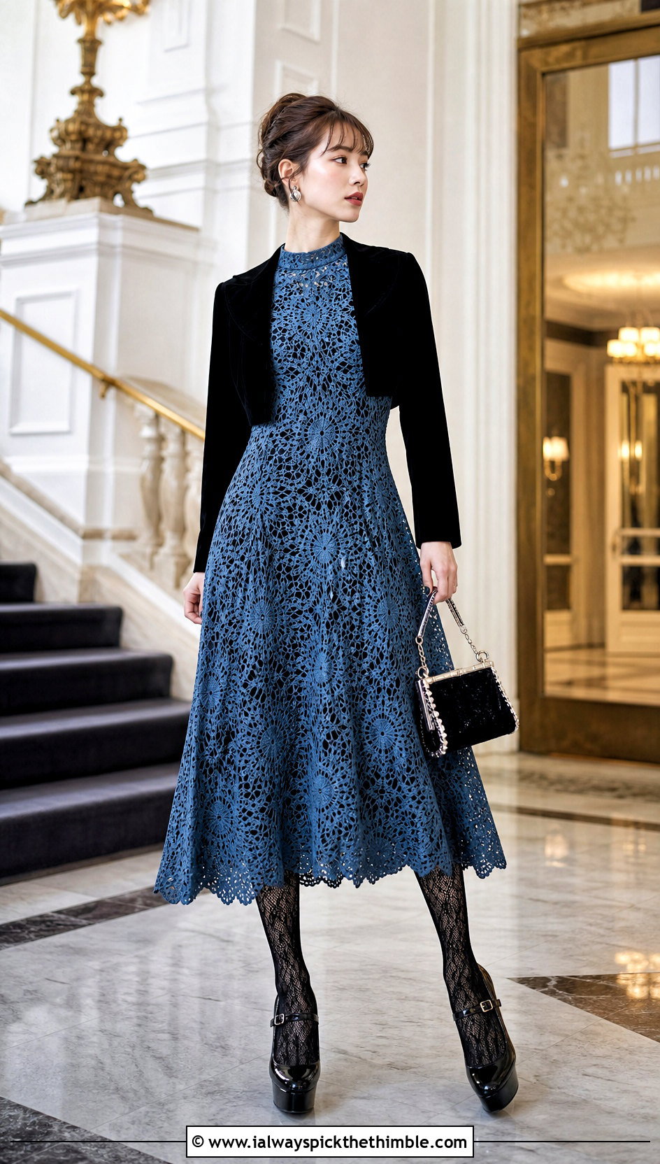 Cerulean Lace Crochet Fit And Flare Dress With Velvet Jacket - 15 goth crochet dress outfit ideas
