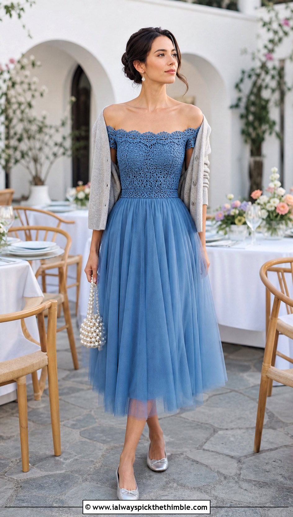 Cerulean Off Shoulder Crochet Tutu Dress With Ballet Flats - 15 blue crochet tutu dress outfit ideas
