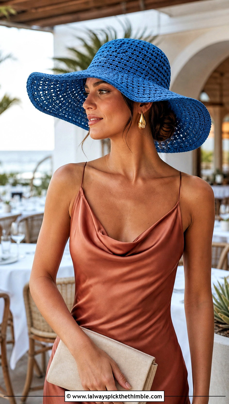Cerulean Wide Brim Crochet Sun Hat With Satin Slip Dress - 25 Blue Crochet Hat outfit ideas