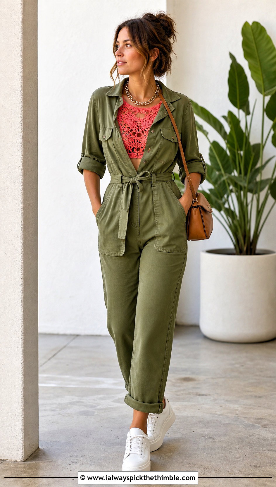 Chain Collar Crochet Top With Utility Jumpsuit - 20 Crochet Top With Chain outfit ideas