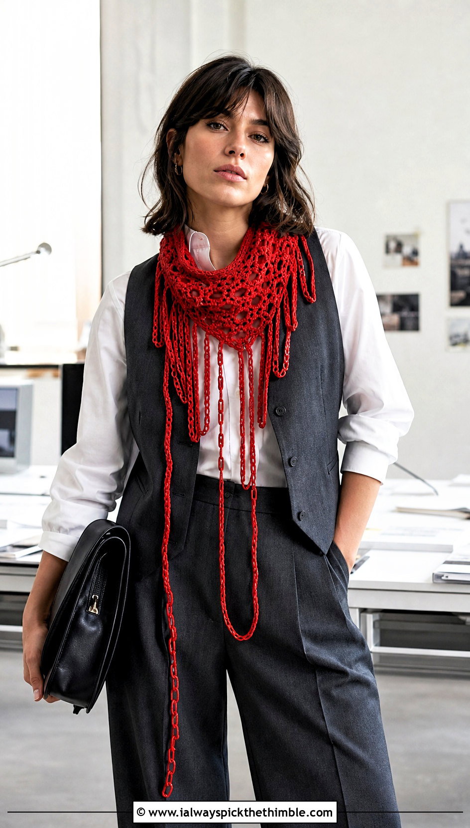 Chain Fringe Crochet Scarf With Tailored Vest - 20 Crochet Scarf Fringe Ideas