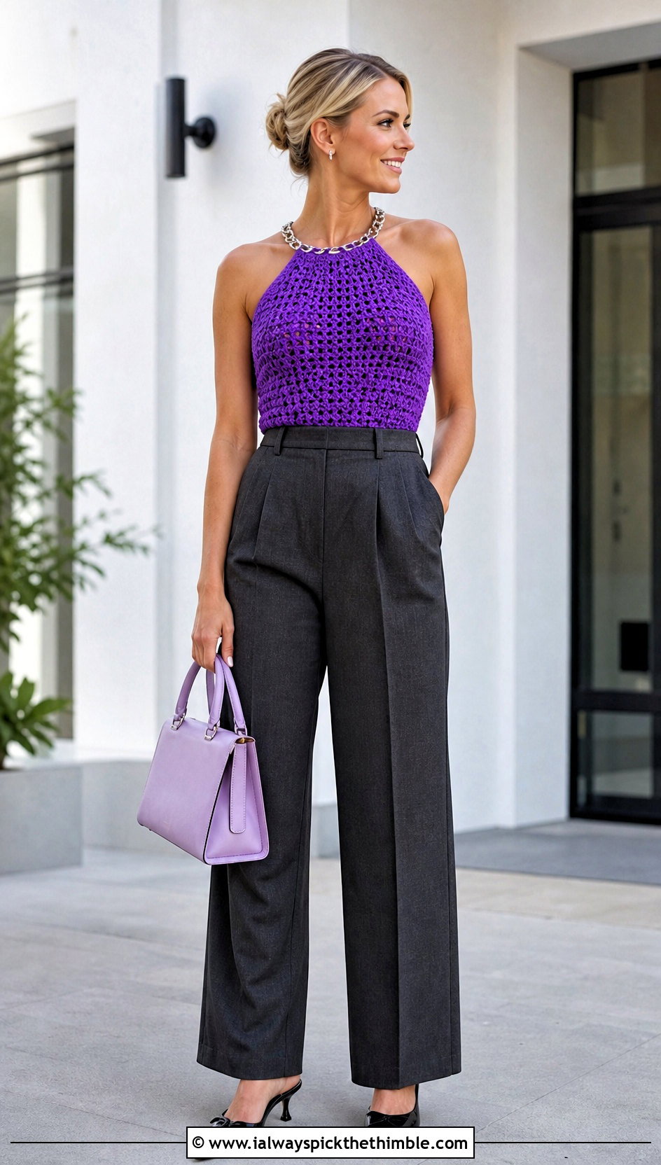 Chain Halter Crochet Top With Tailored Trousers - 20 Crochet Top With Chain outfit ideas