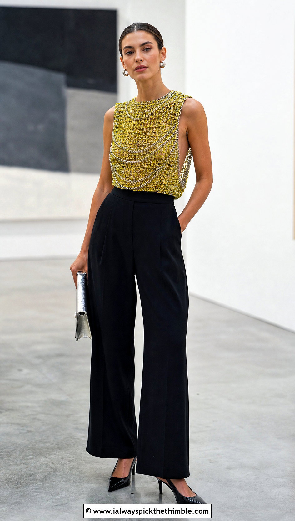 Chain Mail Crochet Top With Tailored Black Trousers - 20 crochet top with chains outfit ideas