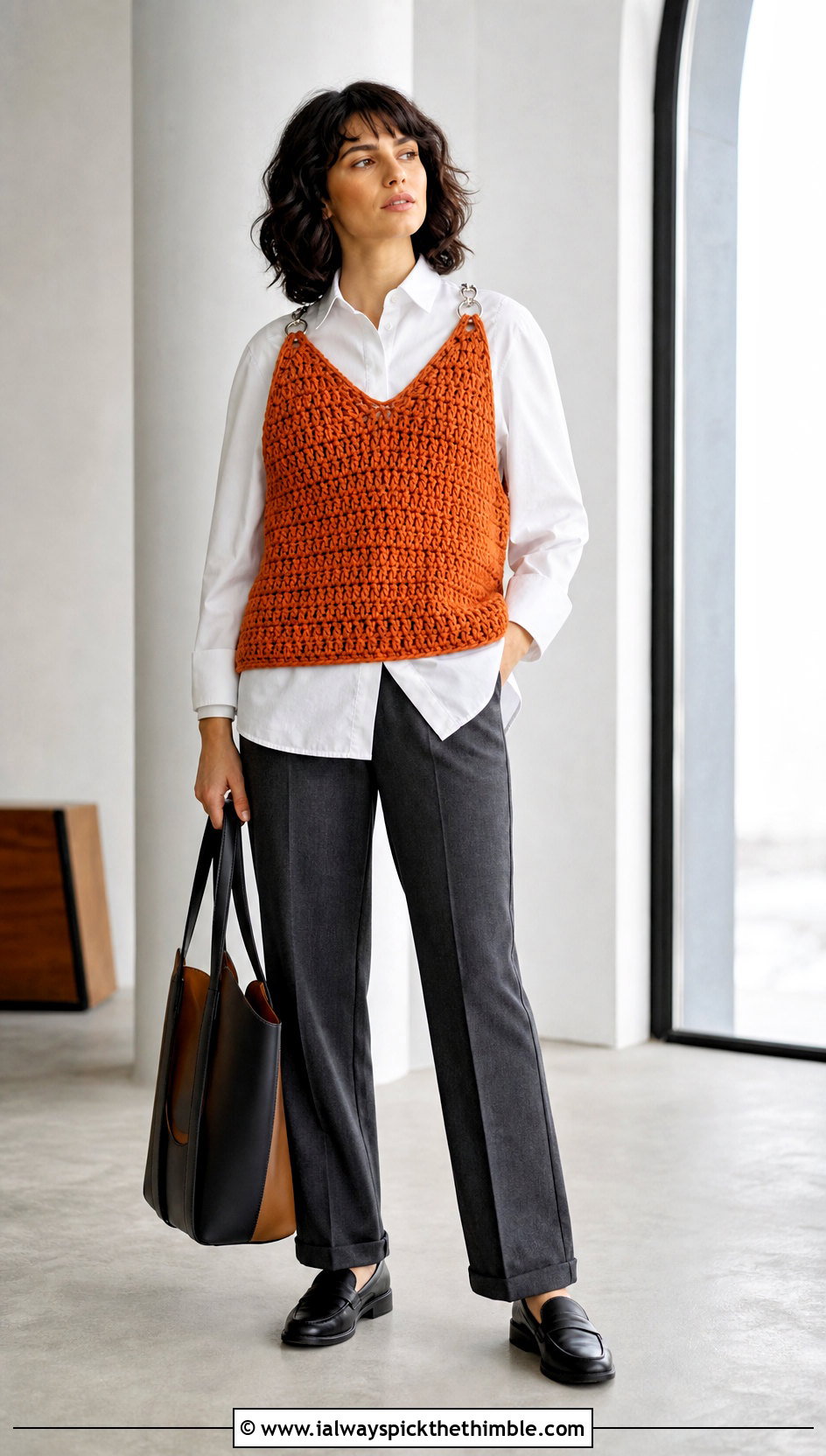 Chain Shoulder Crochet Vest With Poplin Shirt And Trousers - 20 crochet top with chains outfit ideas