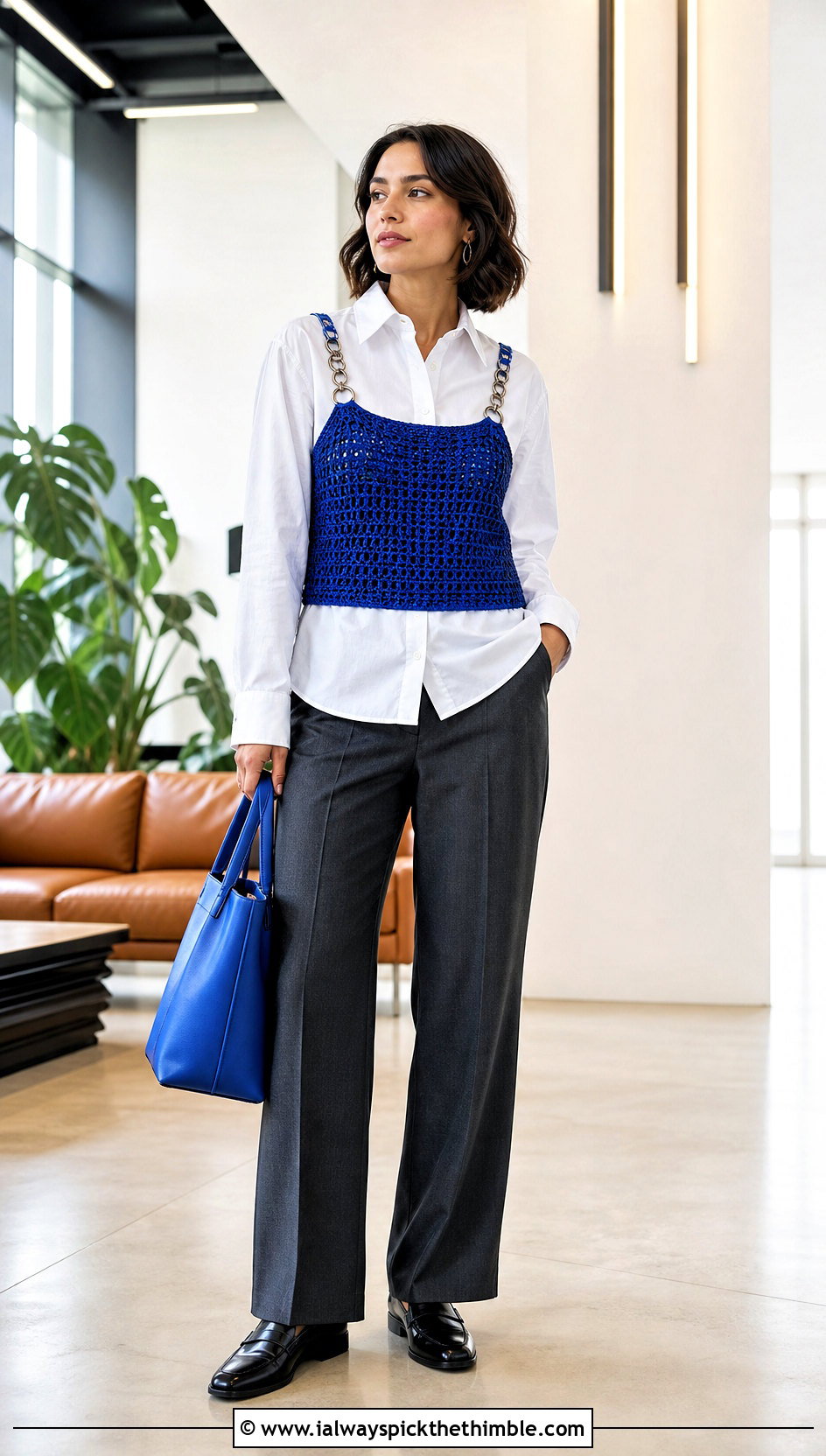 Chain Shoulder Crochet Vest With Poplin Shirt - 20 Crochet Top With Chain outfit ideas
