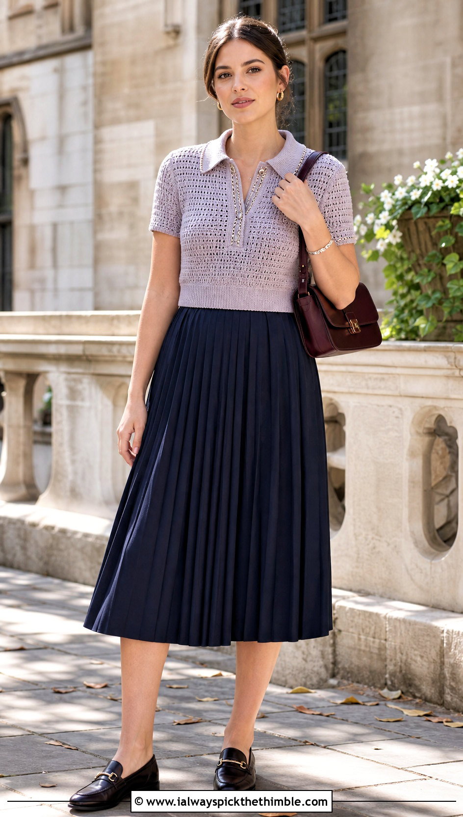 Chain Trim Crochet Polo Top With Pleated Skirt - 20 crochet top with chains outfit ideas